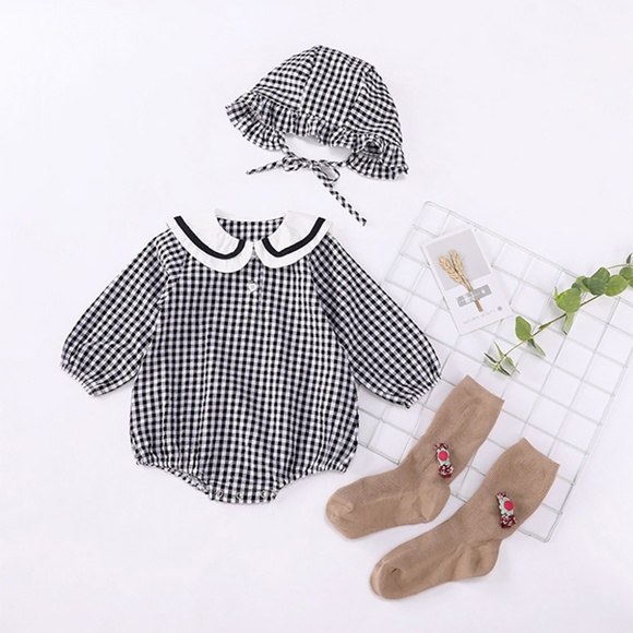 Salute Other - Classic Maid Checked Baby Onesie Hat Set Black